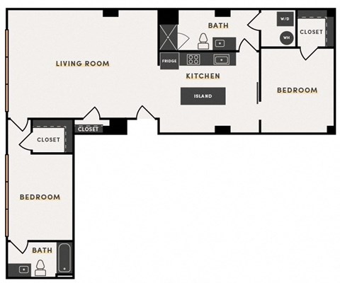 Floor plan for 2 beds, 2 baths, 1256 sqft